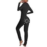 Valentinstag Schlafanzug Damen Einteiler Mit Po Klappe Jumpsuit Damen Kurz Elegant Einfarbig Pyjama Damen Lustig Knopf V-Ausschnitt Langarm L&auml;ssig Pyjama Einteiler Damen Nachtw&auml;sche