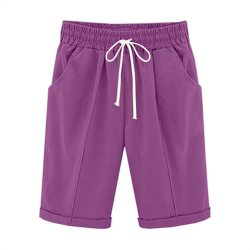 Straight Leg Shorts for Women Cotton Linen Drawstring Elastic Waist Short Pants Casual Leisure Comfy Bermuda Shorts(#02 Purple,Small)