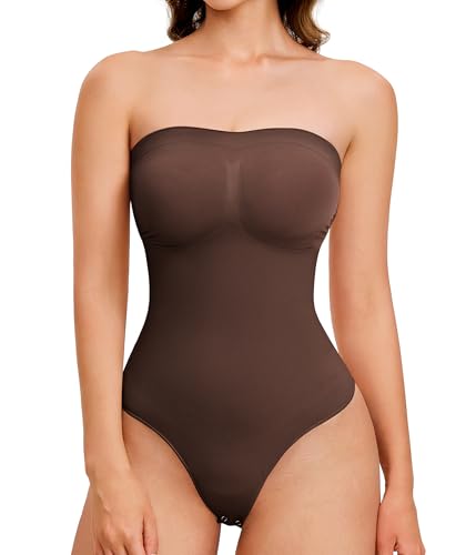 IHHCOXK Strapless Thong Bodysuit for Women Seamless Tummy Control Shapewear Body Shaper -Removable Strap Tube Top Leotard