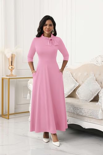 Image of FANDEE Maxi Dress for Women Long Elegant 3 /4 Sleeve Bow Tie Neck A Line Casual Party Church Dresses with Pockets