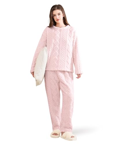 POWER FLOWER Conjunto de Pijama de Forro Polar Esponjoso para Mujer – Suéter y Pantalones Holgados de Felpa, Pijama Cómodo de 2 Piezas para el Invierno (LY218-Pink, L-XL)