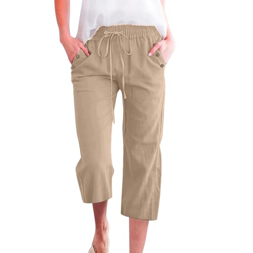 Linen Capri Pants for Women Plus Size Casual Summer Petite Straight Wide Leg Baggy Drawstring Cropped Trousers Travel