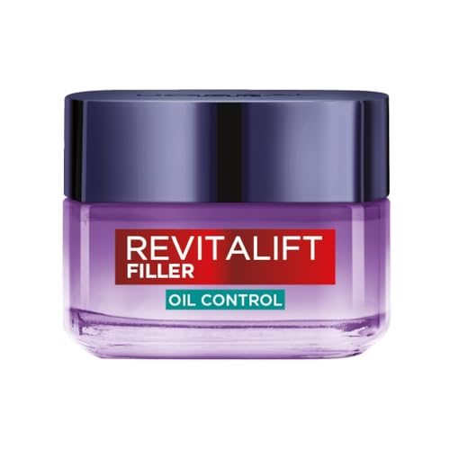 Crema antibrillos Oil Control de L'Oréal Paris para piel mixta y grasa, 8 horas de control de sebo, piel con menos brillo y tersa, con ácido hialurónico y ácido salicílico, Revitalift Filler, 50 ml
