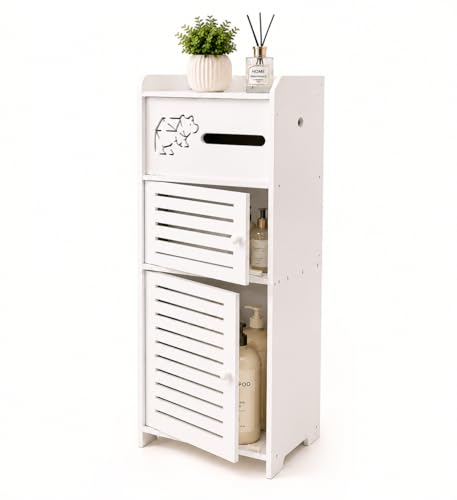 BorealBear Slim Bathroom Storage Cabinet with Louvered Doors for Women, Narrow Freestanding Floor Cabinet to Store Pads Tampons Toiletries, 3-Tier Large Moisture-Resistant Organizer Small Space