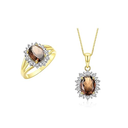 Image of Rylos Women's Yellow Gold Plated Silver Princess Diana Ring & Pendant Set. Gemstone & Diamonds, 9X7MM Birthstone. Matching Friendship Jewelry, Sizes 5-10.