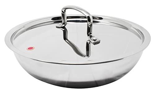 Image of Triply Stainless Steel Kadai, Kadhai with Lid and Handle - Induction and Oven Compatible Deep Fry Pan (3 litres (Tasla 24cm))