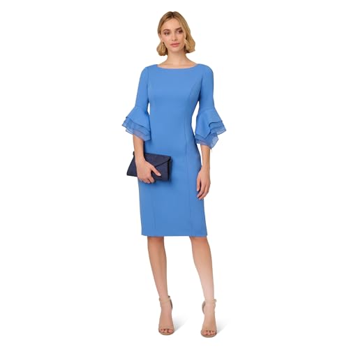 Image of Adrianna Papell Stretch Knit Crepe Sheath Dress with Tiered Organza Bell Sleeve