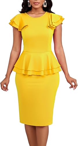 Image of Dresses for Women Elegant Long Sleeves Ruffles Pencil Knee Length Split Business Dress with Belt Zipper