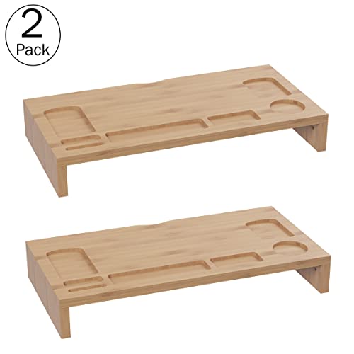 Image of Lavish Home Bamboo Monitor Riser Set - 2-Pack Wooden Laptop Stand and PC Computer Shelf Set for Home, Office, or Dorm Rooms - Office Accessories