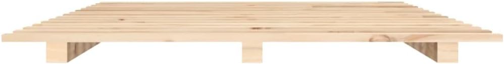 Bed frame base without mattress, showing the wooden slat structure and support legs