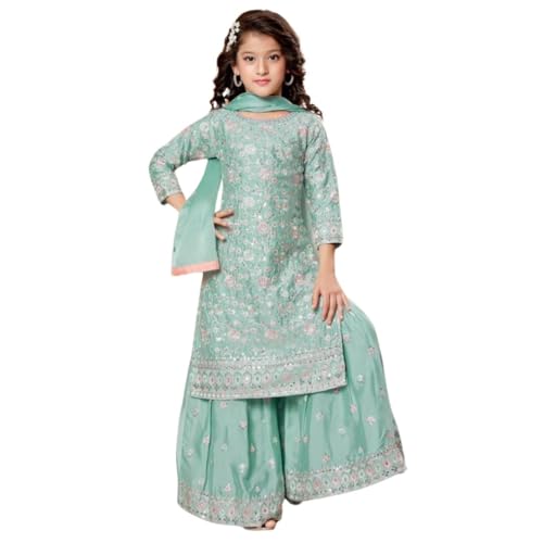 Girls' Fine Georgette Embroidered Kurta Plazzao Dress Set, Pink