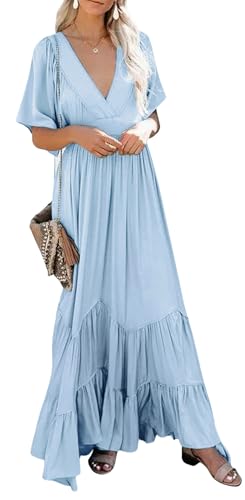 CHARTOU Women's Boho Ruffle Sleeve Flowy Maxi Dress Lace Up Back Tiered Party A Line Dress2