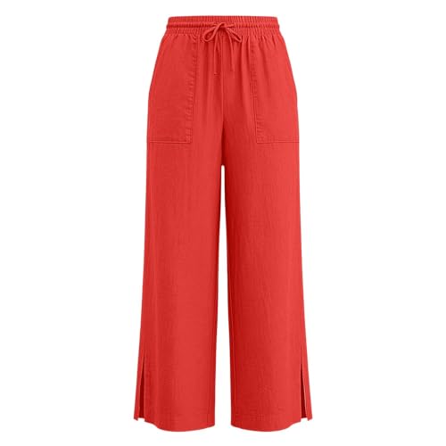 Image of Girls Linen Pants Wide Leg School Uniform Pants Cozy Elastic Waist Summer Casual Beach Lounge Trousers with Pockets