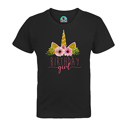 French Unicorn T-Shirt Bambino Misto Birthday Girl Unicorn Compleanno Calligrafia Messaggio Fiori, Nero , 12 anni