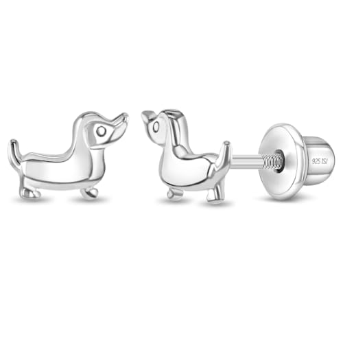 925 Sterling Silver Polished Dachshunds Safety Screw Back Earrings For Toddlers and Little Girls - Children's Dog Shaped Earrings - Animal Earrings For Young Girl