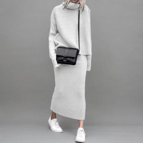 Image of chouyatou Women's Turtleneck 2 Piece Outfits Ribbed Knit Sweater Midi Pencil Skirt Set