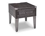 Signature Design by Ashley Todoe Industrial Square End Table with 1 Drawer, 2 Outlets and 2 USB Charging Ports, Dark Gray with Weathered Pine Finish