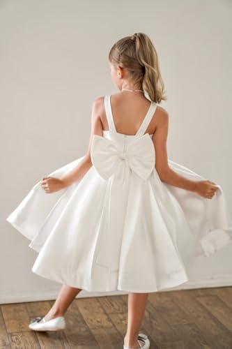 Satin Flower Girl Dress Ball Gown Tea Length Princess Pageant Dresses with Bow First Communion Dress3