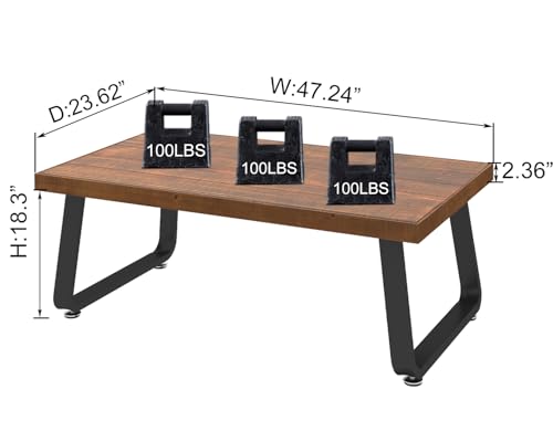 IBF Naturholz Couchtisch Rustikal Massivholz Wohnzimmertisch Rechteckig Metall und Echtholz Teetisch Modern Industriell Minimalistisch Holz Cocktailtisch Rustikal Braun 120 cm