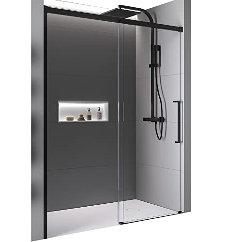 BERNSTEIN Nicho de ducha con puerta corredera de cierre suave 160x195cm DX906 Instalación flexible Ducha de cristal transparente con mampara de ducha NANO, color del perfil en negro