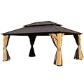 12x16FT Cedar Wood Gazebo, Solid Wood Hardtop Gazebo with Galvanized Steel Double Roof, Netting & Curtains, Outdoor Gazebo for Patio, Backyard, Deck, Lawns