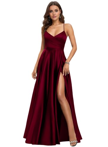 Women's V Neck Bridesmaid Dresses with Slit Ruched Waist Satin Pleated Formal Party Dress NO98