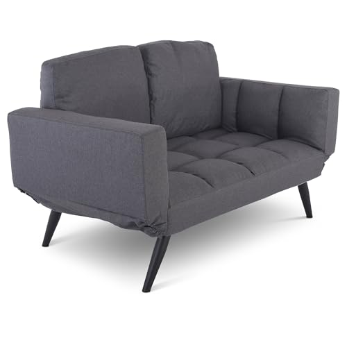 Raburg Schlafsofa, 2-Sitzer, klappbare 2-in-1-Funktion: Sofa und Gästebett, Stoff, Metallbeine Schwarz, verstellbare Armlehnen, Liegefläche: 190 cm breit x 76 cm tief, Ayla, Dunkelgrau
