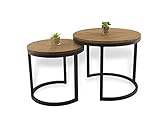  Lumarc Modena, Juego de 2 Mesas de Centro en Madera Maciza de Haya Natural en Stilo Industrial Minimalista Moderno, Redondo, Ø50x43 cm / Ø40x38 cm (Negro)