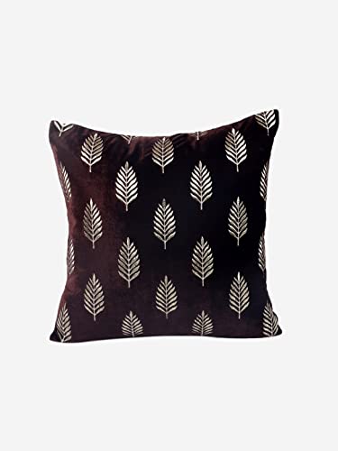 Image of Decoghar Brown Handmade Sofa Cushion Covers | Golden Zari Leaf Embroidered Square Throw Pillow Cushion Cover | | 16 X 16 Inch | Pack of 3