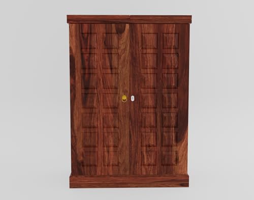 Image of Solid Sheesham Wood Bar Unit Cabinet with Storage Bottle Shelves & Built-in Glass Holder Wooden Drink Wine Rack Organizer for Living Room, Home & Lounge Dining Cupboard Liquor Furniture
