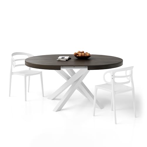 MOBILI FIVER, Table Ronde Extensible Emma, 120-160 cm, Noyer américain, avec Pieds Blancs croisés, pour 4-6 Personnes, Table Extensible pour Cuisine, Salon, Made in Italy