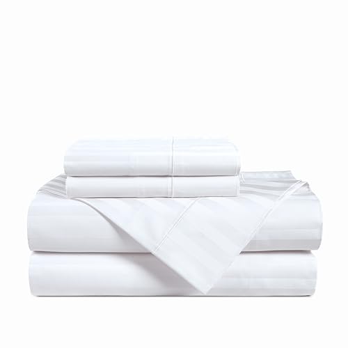 Casa Platino 100% Egyptian Cotton Sheets Twin XL Size Set - 4 Pieces - Damask Stripe- Ultra Smooth Sateen Weave Bed Sheets with 15" Deep Pockets - White Sheet Set