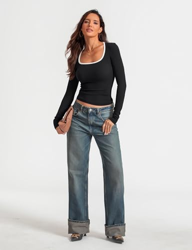 Prettywear Womens Long Sleeve Square Neck Tops Basic Casual Tight Fitted Color Block Shirts Trendy Spring Fall Blouses4