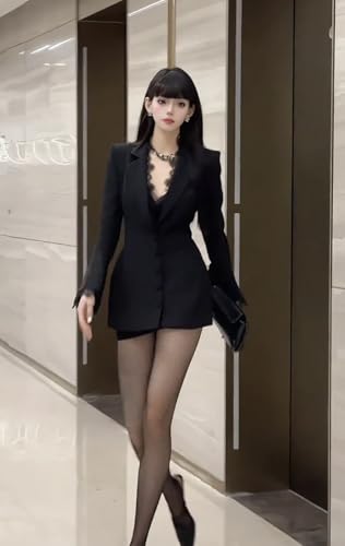 Women's Notch Lapel Single Breasted Blazer Elegant Lace Trim V Neck Work Office Mini Dress4