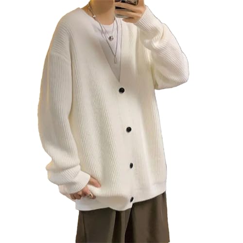 Men's Cable Knit Cardigan Sweater Winter Lightweight Casual V Neck Long Sleeve Pockets Knitted Sweater White