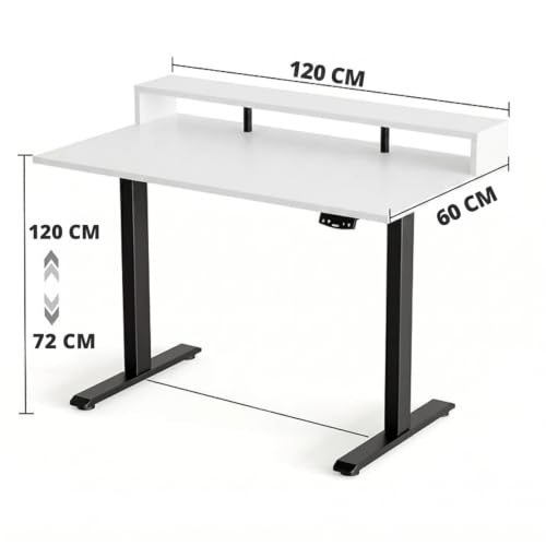 Image of TEKAVO Hirak Electric Height Adjustable Table with Moniter Riser I Standing Desk I Workstation for Home Office I Work Table for Laptop pc I with Storage I 120L x 60W x 70 to 120H CM I White I DIY