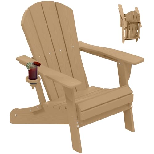 PLUUV Folding Adirondack Chair, HDPE All-Weather Patio Chairs for Outdoor, Patio, Lawn, Garden, Backyard Deck, Fire Pit - Brown