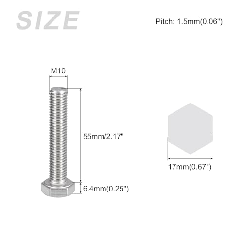 Image of METALLIXITY Hex Bolts (M10-1.5x55mm) 10Pcs, 304 Stainless Steel Coarse Fully Threaded Hex Head Screw Bolt Machine Screws - for Furniture Repair, Silver
