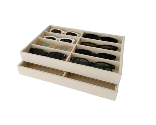 AgentMoon 2 Pieces Velvet Glasses Storage Tray or Jewelry Tray. Thickening Frame Adjustable 8 Grids,Stackable Desktop Clutter Organizer,Retailer Display Pallet. Beige (2PCS)