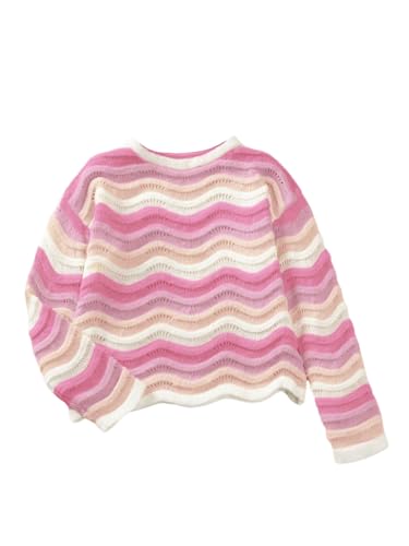 MakeMeChic Girl's Colorful Striped Sweater Top Long Sleeve Crew Neck Fall Lightweight Pullover