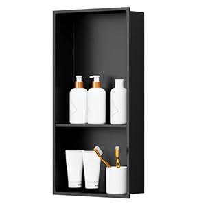BWE 13″ X 19″ Stainless Steel Shower Niche No Tile Needed Wall Niche Double Shelves for Bathroom Storage Matte Black