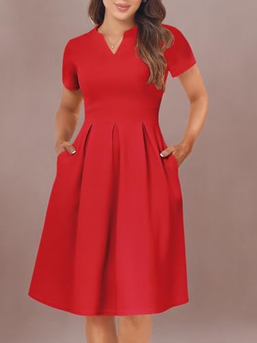 Image of YATHON Womens Elegant Print Notched Neck Slant Pocket Pleated Hem Casual A-Line Dress