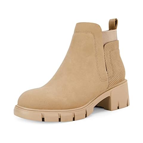 Syktkmx Womens Chelsea Ankle Boots Platform Chunky Block Heel Round Toe Booties Winter Shoes, Beige, Size 8 Cover