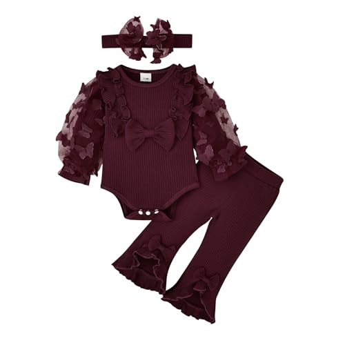 Image of Baby Girl Clothes Newborn Outfits 3D Butterfly Long Sleeve Romper Flare Pants with Bow Headband Set 0-18 Months