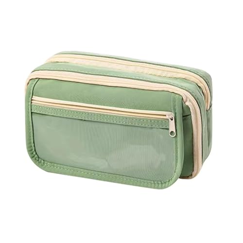 Image of Canvas School Bag Pencil Case, 3 Layer 6 Compartment Large Capacity, Aesthetic Pencil Pouch for Stationary, Cute Stationery for Kids, Pencil Case for Girls & Boys (Green T)