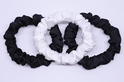 Image of Satin Scrunchies Hair Bands for Women | No-Damage Elastic Hair Ties for Ponytails & Buns | Fluffy & Stylish Rubber Bands | Free Size | Pack of 3 (Set of Black and Off White Color)
