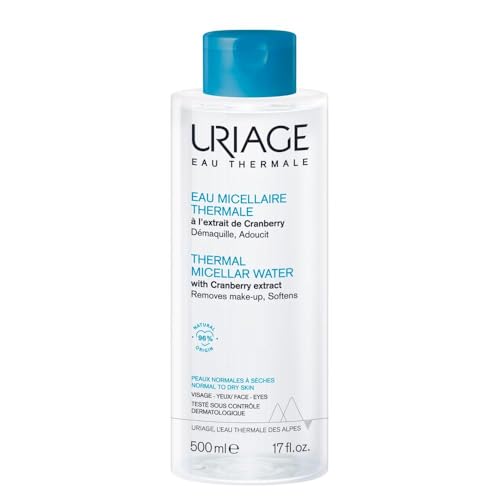 Uriage Agua Micelar Termal para Pieles Normales a Secas - Rostro y Ojos - 3 en 1: Limpia, Desmaquilla e Hidrata - Sin aclarado - Aroma Afrutado y Floral - 96% Ingredientes de Origen Natural - 500ml