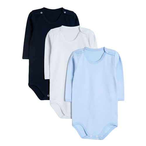 rise&Raba Baby Bodysuit 3 Pcs | 100% Organic Cotton Long Sleeve Comfortable Button Baby Bodysuits for Boys and Girls | Comfortable and Cute Onesies (Navy Blue-White-Blue, 0-3 Month)