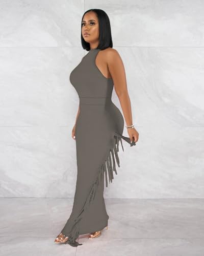 Image of 2 Piece Outfits for Women Sexy Halter Neck Sleeveless Crop Tops Ruched Bodycon Dresses Jumpsuits Fringe Skirt Sets