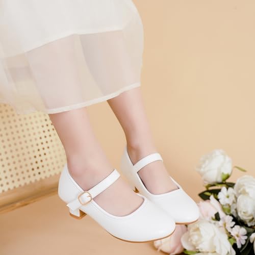 Image of Dufannie White Shoes for Girls Kids High Heels Church Shoes Cute Christmas Flats for Girls Formal Princess Dress Shoes for First Communion Easter Little Big Kid Toddler(3306White 9)